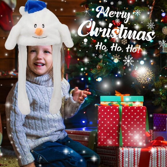 Kids Snowman Animal Hat with Ears Moving Jumping Pop Up Beating Plush Holiday - Picture 2 of 6
